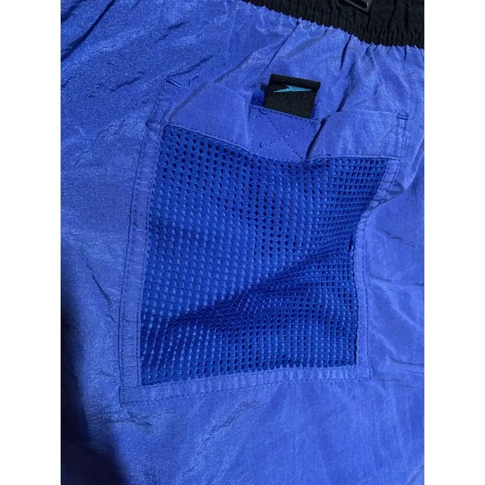Vintage Speedo Swim Trunks 90s Pocket Mesh Lined Drawstring Blue Black 32
